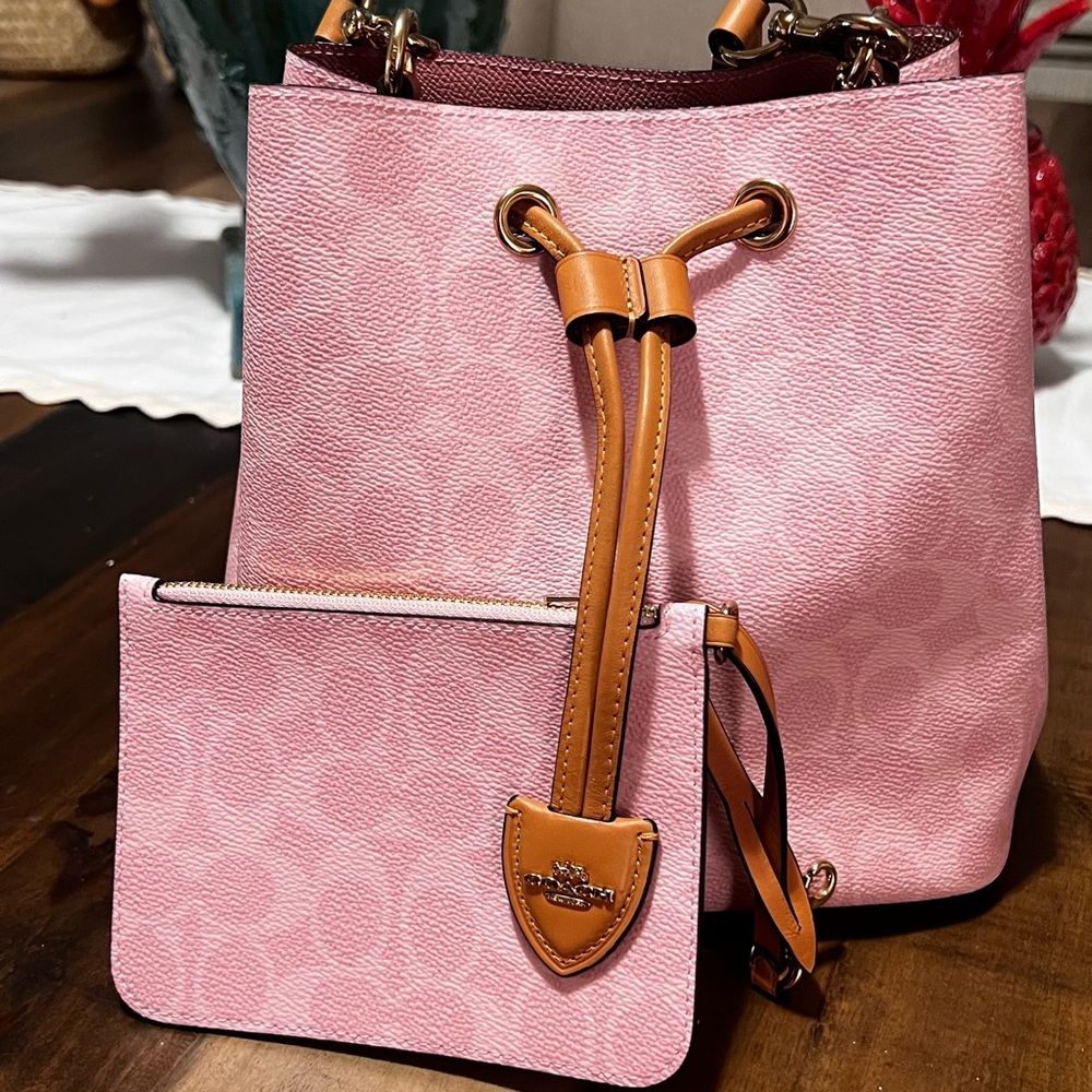 Coach Pink Signature Drawstring Bucket Bag with Tan Trim and Pouch